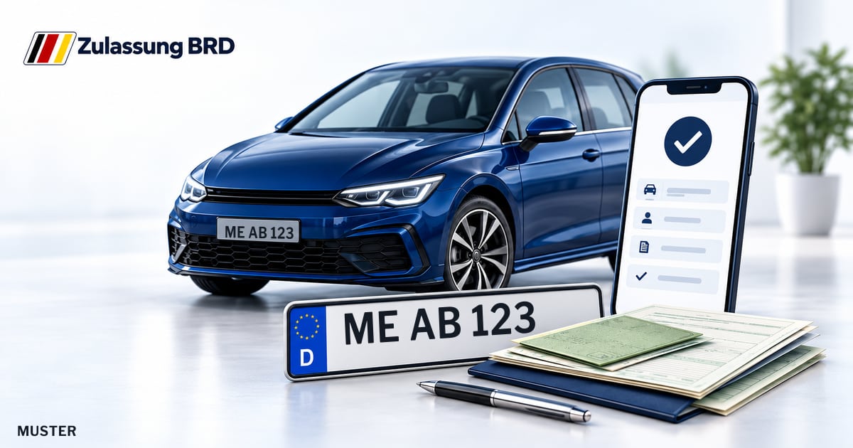 Online Fahrzeugzulassung in Langenfeld: Musterkennzeichen ME AB 123, Auto und Fahrzeugpapiere und Smartphone. Illustration mit Logo von Zulassung BRD.